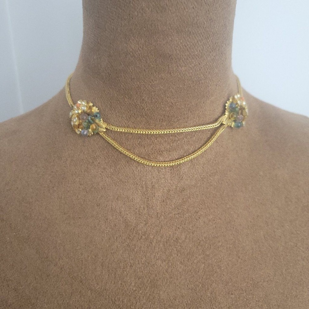Vintage Gold Tone Floral Rhinestone Multi Strand Choker Necklace 14" Cottagecore